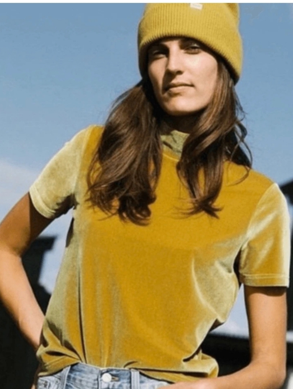 Madewell Mock Neck Velvet Top In Goldenrod Sz S EUC - Picture 9 of 12